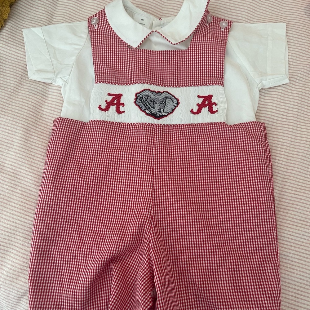 Vive La Fete Red & White University of Alabama Baby Romper with Elephant Design